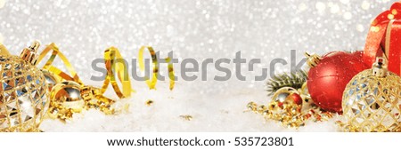 Christmas ornaments on glitter background, border design,banner