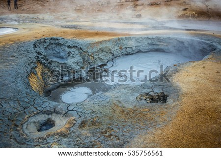 Boiling mudpot in Hverir (Hverarond) geothermal area, Iceland.