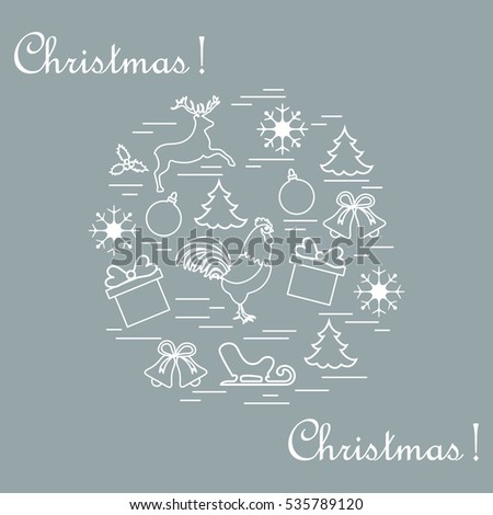 Vector illustration of different new year and christmas symbols arranged in a circle. Winter elements made in line style. 