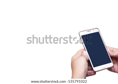 female teen hands using smart phone isolated white background.