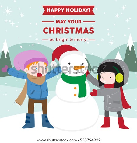 Happy boy and girl with snowman cute christmas and new year greeting card vector