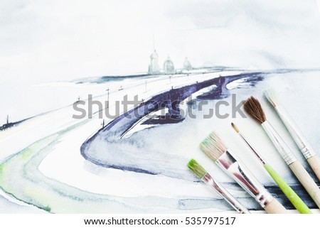 Aquarelle picture of sea with paintbrushes flat lay. Creative handmade seascape picture with drawing tools. Art, hobby, creativity, craft, painter concept