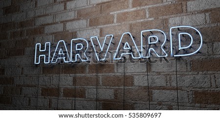 HARVARD - Glowing Neon Sign on stonework wall - 3D rendered royalty free stock illustration.  Can be used for online banner ads and direct mailers.
