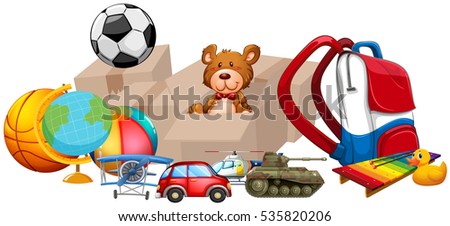 Different types of toys in one pile illustration
