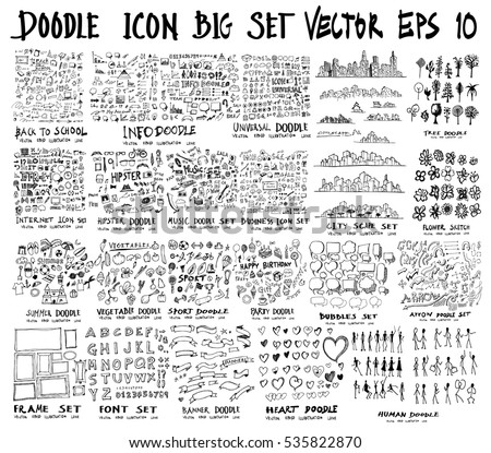 MEGA set of doodles of Back to school, Arrow ,Business, Social shopping elements, tree, Info, Internet, Universal, Party, Human, Creative, City scape, Sport, summer, Frame, Font, Banner, Heart,Music Royalty-Free Stock Photo #535822870