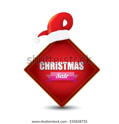vector Christmas sales tag or label with red santa hat isolated on white background. Red winter Christmas sale poster or background