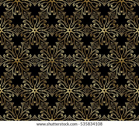 Seamless geometric pattern on a black background with the image of gold snowflakes. raster illustration. for greeting cards, banners, printing, ethnic ornament