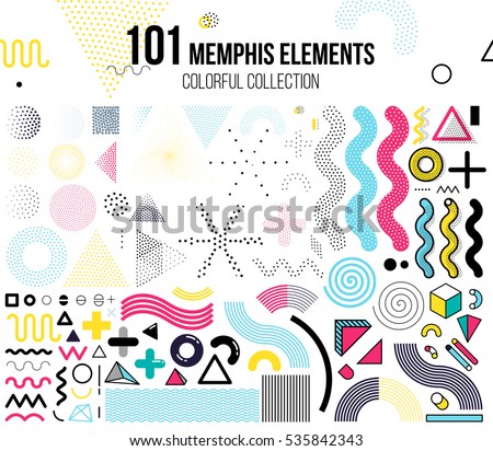 Mega set of memphis design elements, template for your project, animation, and, advertising, advertisement, commercial banner, poster, t-shirt. Big colorful vector collection Royalty-Free Stock Photo #535842343