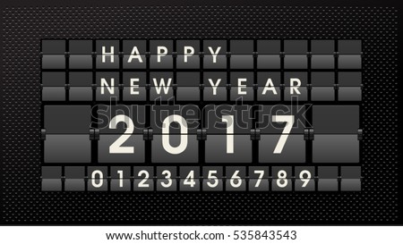 Happy New Year social media banner. Vector airport board. Realistic flip scoreboard airport template. Black airport board with alphabet and numbers. Analog board font. Destination airline timetable.