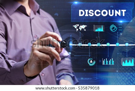 Technology, Internet, business and marketing. Young business person sees the word: discount