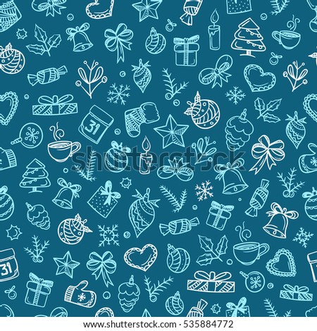 Christmas season vector seamless pattern. Different elements collection. Xmas hand-
drawn elements background