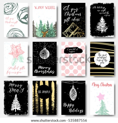 Set of creative 12 holiday cards. Christmas posters set. Templates for greeting, congratulations, invitations, magazine. Vector.
