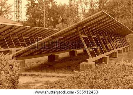 solar panels stents in a garden, closeup of photo