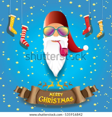 vector bad rock n roll dj santa claus with smoking pipe, funky beard and golden greeting calligraphic text on old vintage paper banner ribbon.. Christmas party hipster poster background .