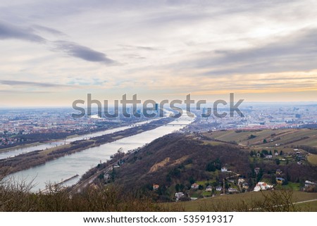 Panoramic view of Vienna, Danube river and Donau Island from Kahlenberg Hill on a winter day, Austria, Europe