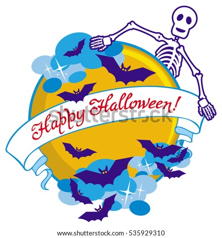 Round emblem with bats, skeleton, moon and banner with artistic written text:"Happy Halloween!". Original background for greeting cards, invitations, prints. Raster clip art.
