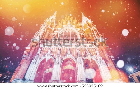 Church St. Joseph in Krakow, Photo greeting card. Bokeh light effect, soft filter. Poland. 