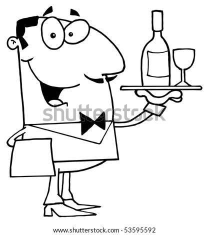 Clipart Illustration of an Outlined Butler Serving Wine