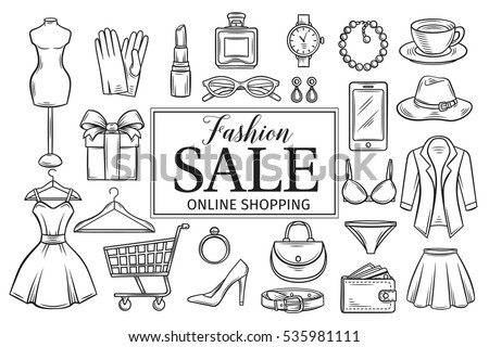 Hand drawn fashion online shop icons set. Decorative icons dress, lipstick, perfume, cart, shoe, clothing, purse, gift, hat, watches and glasses. Vector illustration in old ink style