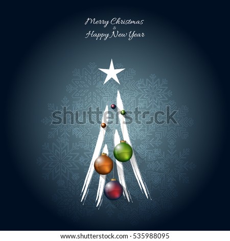 Christmas greeting card template with colorful christmas balls, tree and snowflakes, flat shadow effect