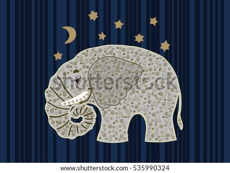 Blue Curtain Decoration with Silver Elephant, Golden Stars and a Crescent Moon; a custom mouse pad, tablecloth, potholder, oven-glove, handkerchief, pillow or apron print