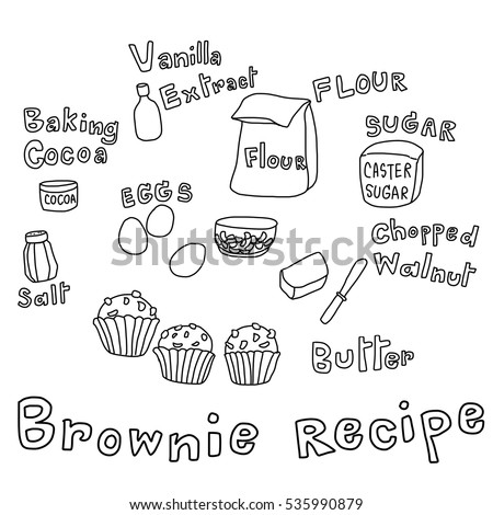 Set of ingredients for baking brownie such as flour, eggs, salt, sugar, vanilla extract, walnuts, butter, baking cocoa. Words regarding ingredient included. vector illustration.