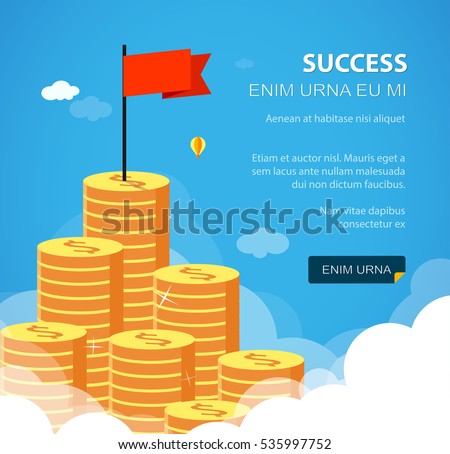 Huge growth money stairs in sky with flag. Success financial rich concept. Business concept vector illustration. Flat style