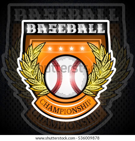 Baseball ball in the middle of golden wreath on shield. Sport logo isolated on white for any team or competition