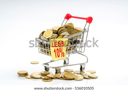 Trolley and coins with sale concept.