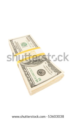 Stack of Ten Thousand Dollar Pile of One Hundred Dollar Bills Isolated on a White Background.