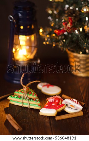Christmas cookies on the wooden background, close up rustic photo