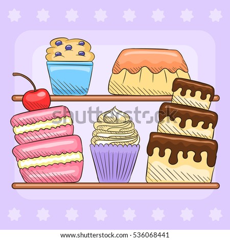 Cake shop with tasty desserts, hand drawn style