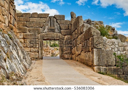 The road to Lion Gate (1.240 B.C.) Mycenae, Greece Royalty-Free Stock Photo #536083306