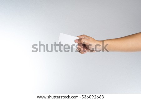 Hand hold blank card or paper on white background
