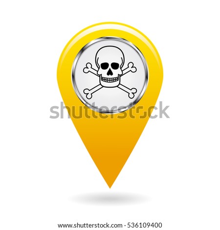 Map pointer. Index of poisonous substances on the area map. safety symbol. The yellow object on a white background. Vector illustration.