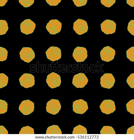 Beautiful abstract decorative rose flowers on black in green and orange colors. Vector watercolor seamless pattern.