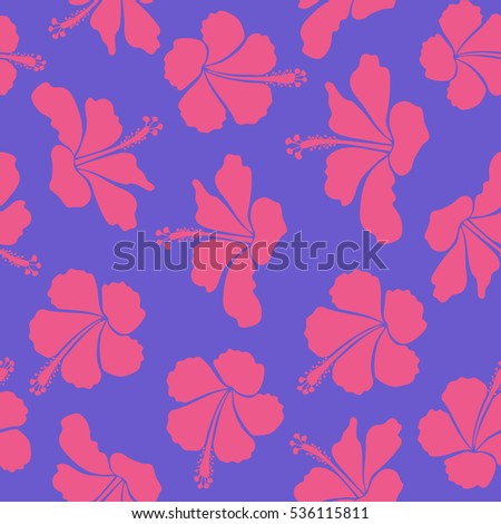 Seamless pattern in violet and pink colors. Vector hand drawn painting of violet and pink hibiscus flowers.