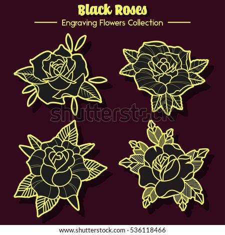 Vector Black Roses Set Engraving Flowers Collection