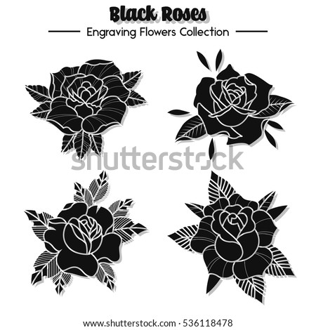 Vector Black Roses Set Engraving Flowers Collection