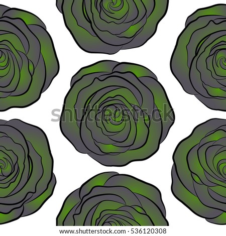 Seamless floral pattern with little abstract roses in gray and green colors, vector illustration in vintage style on a white background.