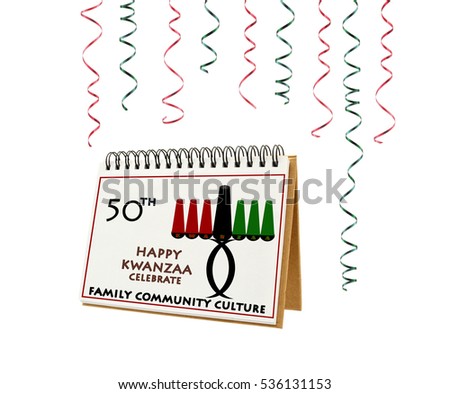 Happy Kwanzaa Celebrate Calendar 50th Year Family Community Culture Ribbons isolated on white background