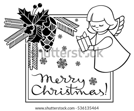 Black and white Christmas label with angels and artistic written text: "Merry Christmas!". Christmas holiday background. Vector clip art.