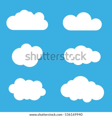 Cloud icons set. White outline isolated on blue sky background. Collection template elements design. Symbol of space, weather, clear and nature. Abstract signs. Flat graphic style. Illustration