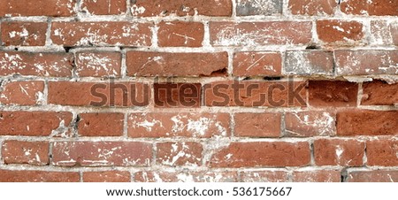 Old Red Vintage Brick Wall With Grungy Structure. Horizontal Wide Brickwall Background. Distressed Wall With Broken Bricks Texture. Retro House Facade. Abstract Web Banner. Chipped Stonewall Surface