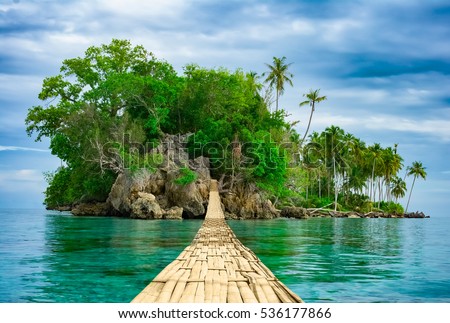 Bamboo pedestrian hanging bridge over sea to remote desert island. Beautiful tropical landscape. Travel lifestyle. Wild nature vacations. Adventure ecotourism concept. Way to Paradise. Exotic scenery Royalty-Free Stock Photo #536177866