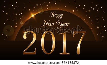 Happy New Year background with magic gold rain and globe. Golden numbers 2017 on horizon. Christmas planet design light, glow and sparkle, glitter. Symbol of wish, celebration. Vector illustration