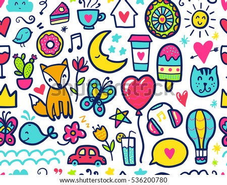 Doodles cute seamless pattern. Color vector background. Illustration with hearts and flowers, animals and coffee, eat and stars.