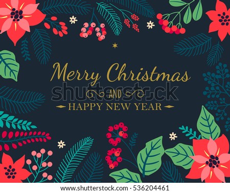 Creative cards. Christmas Posters. Greeting card with Winter plants on a blue background. Modern lettering "Merry Christmas and happy new year". Holiday backdrop. Vector illustration. 