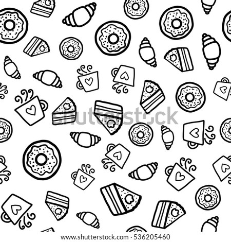 Doodles cute seamless pattern. Black vector background. Illustration with coffee, muffins and donuts. Design for T-shirt, textile and prints.