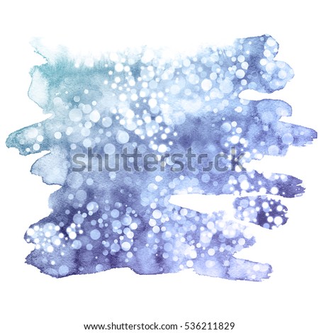 Abstract watercolor christmas background. Aquarelle festive winter texture. Snowflakes and bokeh lights. 